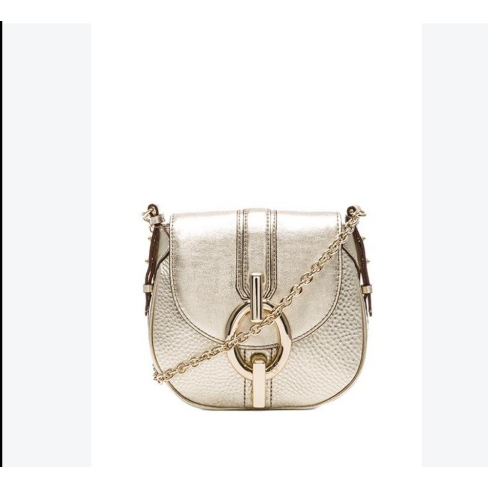 DVF Sutra Crossbody Bag Womens Small Gold Good Metallic Pebbled Leather Saddle